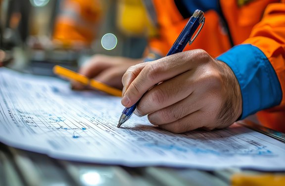 Wartungs- und Servicearbeiten, ein Mitarbeiter notiert die Ergebnisse auf einer Checkliste, das Bild steht für die Leistungen Service, Wartung, Montage, Arbeitsmittelprüfung bei ENVIOW