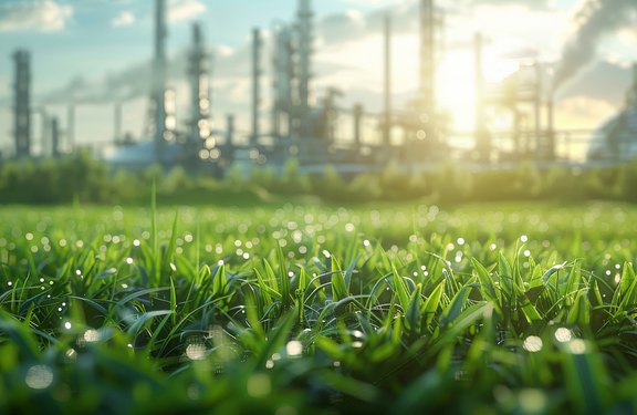 Wiese mit einem Industriegebiet im Hintergrund, symbolisiert die Best Practice Beispiele und Praxisbeispiele von ENVIBOW