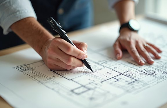 Ein Mann steht an einem Tisch, auf der Tischplatte liegt ein Plan, der Mann zeichnet mit einem Stift auf dem Plan, das Bild steht stellvertretend für die Leistungen von ENVIBOW